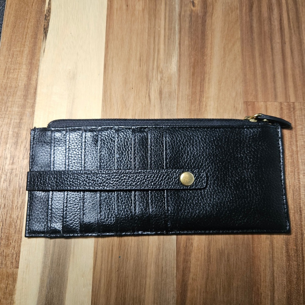 Lodis Black Pebbled Leather Slim Card Case Zip Wallet with Snap Strap